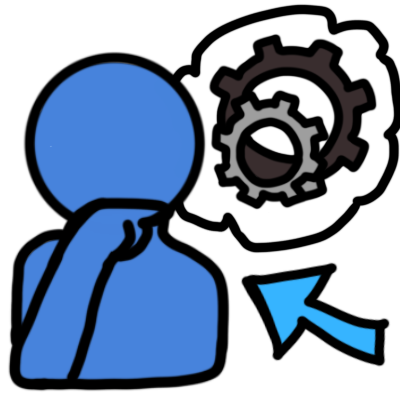 A featureleses blue figure with a hand over their chin in thought. next to them, overlapping with their head, is a thought bubble with cogs in it. a blue arrow points to the figure